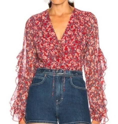 Blossom Revolve NICHOLAS Red Silk  Ditsy Micro Floral Ruffle Blouse