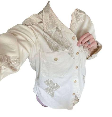 Polo  Ralph Lauren Beaded Embellished Button Down Shirt Cream Western Oxford Size