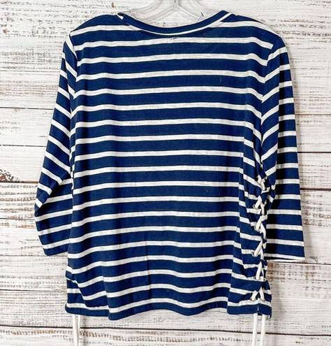 PaperMoon  Women's Striped 3/4 Sleeve Crew Neck T-Shirt Blue White Size Large