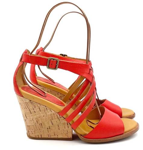 Kork-Ease  Adelaide Corallo Leather Strappy Wedge Sandal Tomato Red Orange Size 8