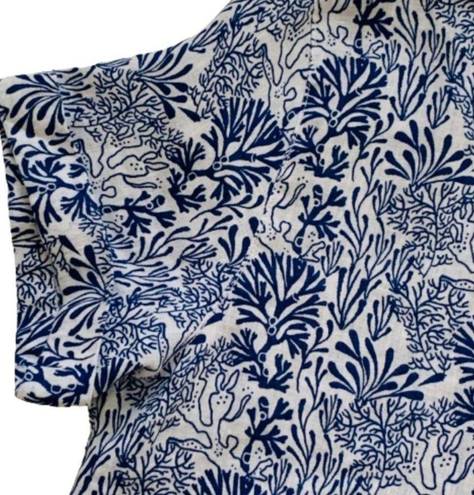 Nicole Miller  Top Blue White Coral Print Linen Short Sleeve Button Down Small