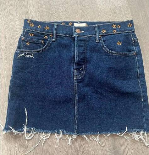 MOTHER Denim  The Vagabond Mini Fray Embroidered Short Blue Jean Skirt 25