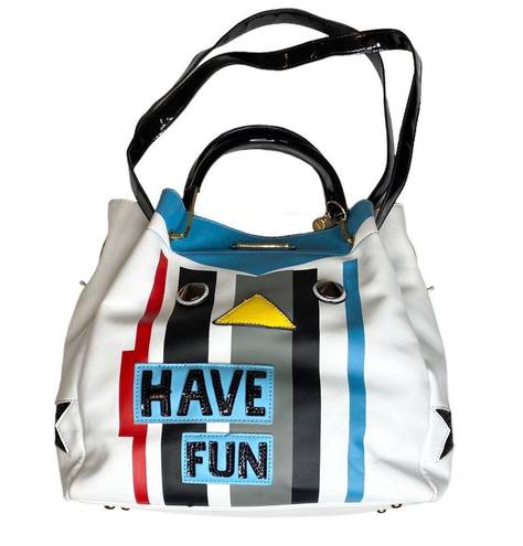 Nicole Lee ᯾ Striped Patchwork 'Have Fun' Satchel Handbag Bag ᯾ Vegan Leather ᯾