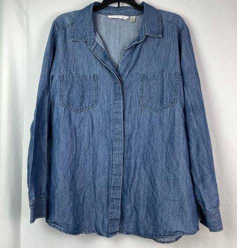 LC Lauren Conrad  Denim Shirt Women's Blue Polka Dot Button Down Chambray