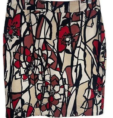 Ann Taylor  Floral Red, Black, & Tan, Stained Glass Print Pencil Skirt Size 12