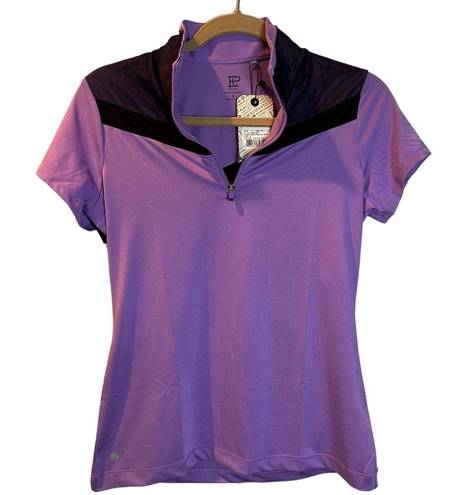 EP Pro  NY Cap Sleeve Mesh Overlay Contrast‎ Trim Zip Mock Women's Golf Polo