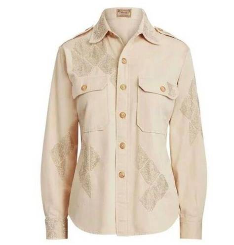 Polo  Ralph Lauren Beaded Embellished Button Down Shirt Cream Western Oxford Size