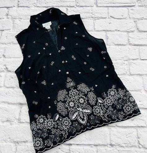 The Loft Ann‎ Taylor Shirt Women Small Black White Floral Sleeveless Collared Blouse