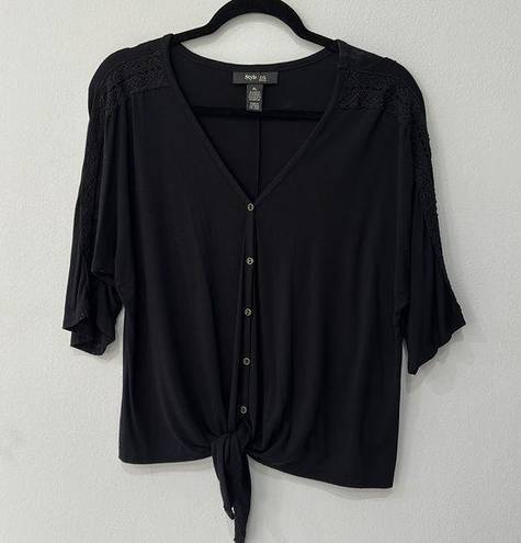 Style & Co  Short Sleeve Black Button Down Front Tie Top Sz PL