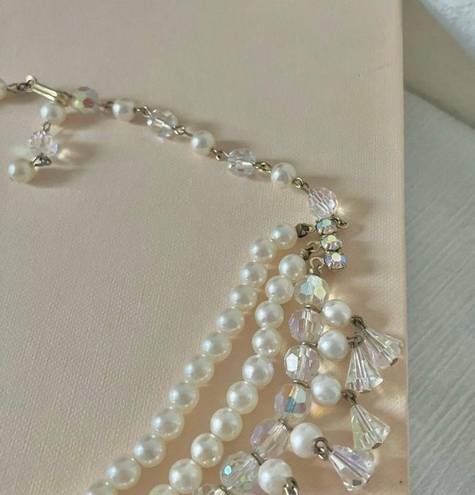 American Vintage Vintage “Darling” Three Strand Pearl Aurora Crystal Choker Necklace Rainbow