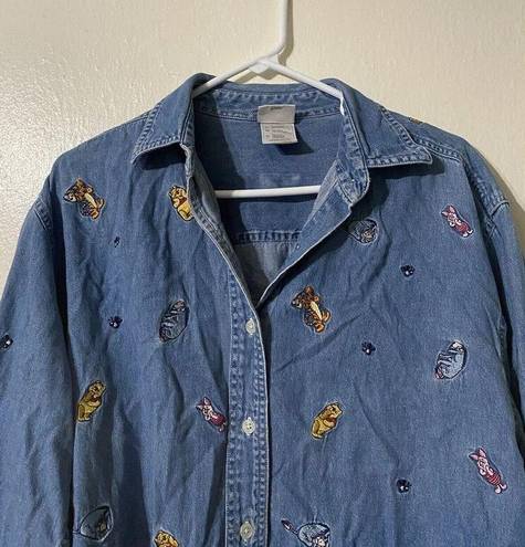 Disney The  Store Womens Denim Button Up Shirt Winnie the Pooh Piglet Blue XL