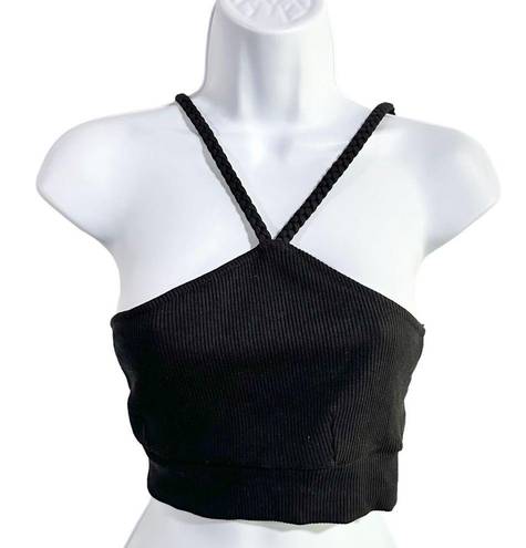 The Range  Jet Black Braided Strap Ribbed Bralette Crop Top Size M NWT