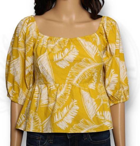 Sim & Sam  Puff Sleeve Leaf Print Square Neck Top Blouse Yellow & White Sz XL