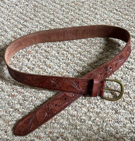 American Eagle brown tooled floral genuine buffalo leather belt