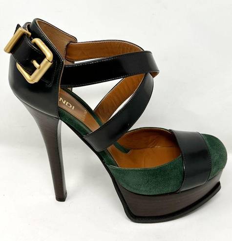 Fendi  Green Suede Black Leather Round Toe Logo Wooden Sole Platform Heels Pumps