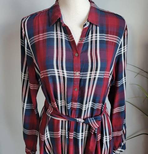 J.Jill , Ruby Red Plaid Belted Long Sleeve Midi Shirt Dress w Pockets Medium