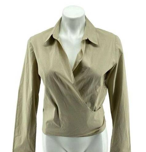 DKNY City  Women’s Tan Collared Long Sleeve Cotton Wrap Front Blouse Top Size 12