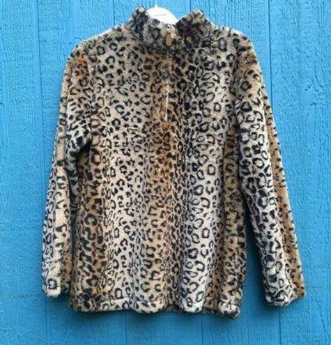 Pink Lily  Women's Size Medium Brown Leopard Print Faux Fur Quarter Zip Sweater