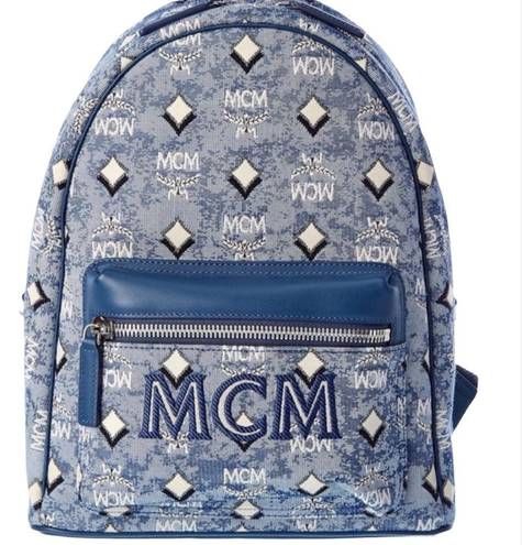 MCM  New Logo Monogrammed Jacquard & Leather Blue Backpack