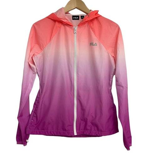 FILA  Sport Windbreaker Jacket Ombre Neon Hooded Zipper Lightweight Rain XSmall