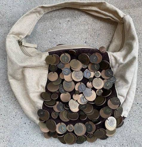 Linen and Suede Mini Hobo Bag with Queen II Coins Tan