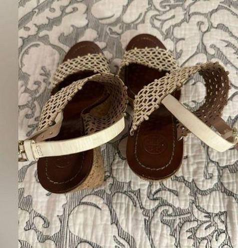 Tory Burch  Cork Sandals Wedge Ivory Perforated Leather Daisy