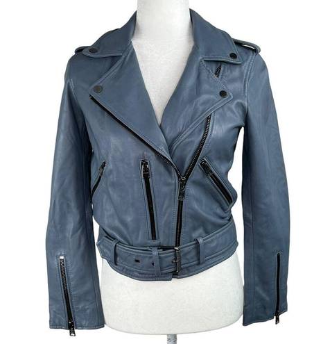 All Saints Balfern Flint Blue Belted Crop Leather Moto Jacket Size 4