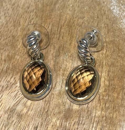 David Yurman  Sterling Silver & 18K Gold Oval Smokey Quartz Drop Dangle Earrings