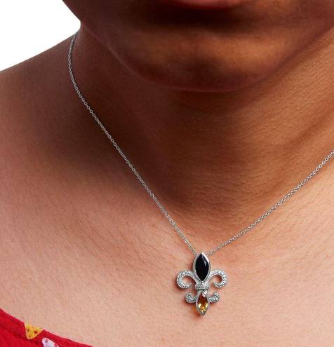 Onyx NIB .925 Silver Marquise  & Citrine & Diamond Fleur De Lis Pendant Necklace