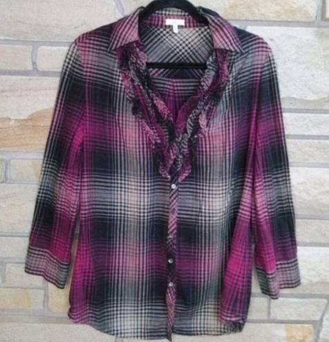 Joie  Fara B Plaid Ruffle Button Up Shirt Plaid Medium