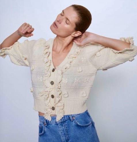 ZARA  NWOT Ruffled Floral Gem Button Down Knit Cardigan Sweater in Ivory Cream