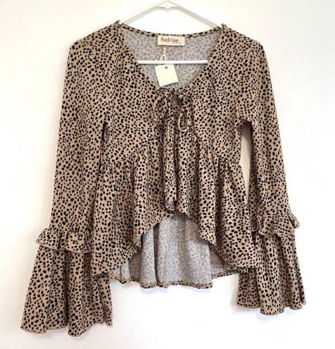 Peach Love California NEW NWT  Tan Brown Black Dotted Long Bell Sleeve Blouse S