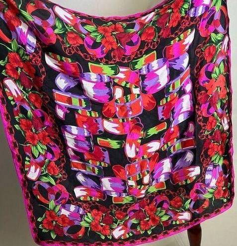 Oscar de la Renta Vintage  Studio Silk Scarf Square Dark Floral Boho Pop Art