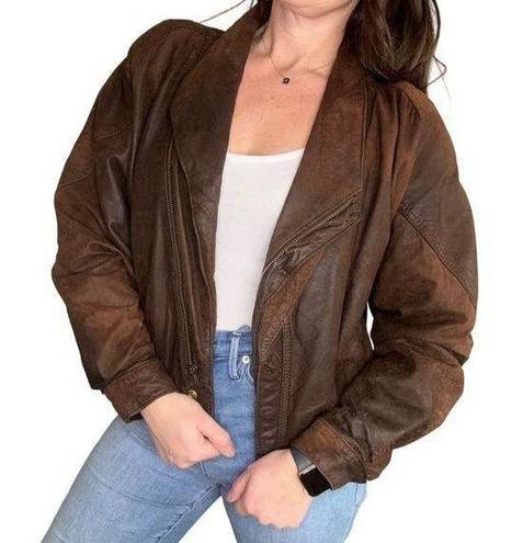 Vintage 80s Pelle Soft Leather Bomber Jacket in Brown Oversized Size Small