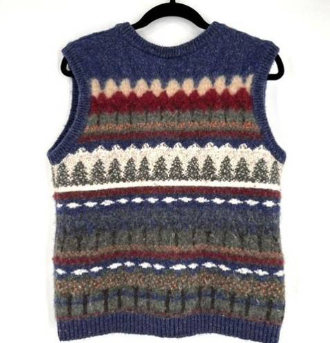 Northern Reflections Vintage  Button Front Sweater Vest Blue White Small Trees