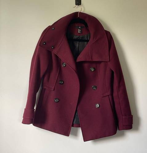 H&M Maroon Red Wool Blend Classic Pea Coat Mid Length Fitted Jacket size 4