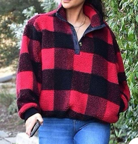 American Eagle  Oversized Sherpa Fleece Snap Pullover Jacket Buffalo Plaid Red