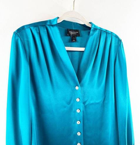 St. John  Couture Button Down Long Sleeve Silky Blouse Shirt Teal Blue 6