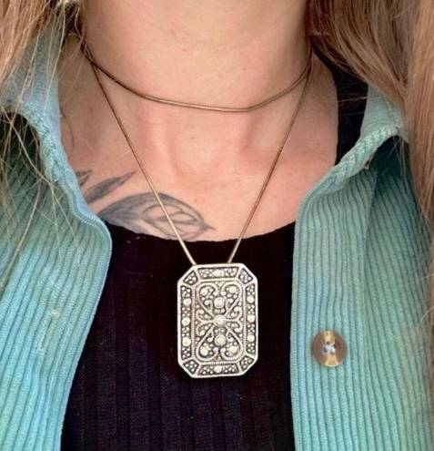 American Vintage Vintage “Jayne” Silver Tone Charm Pendant Necklace Rectangle Scroll Work Metallic Pin