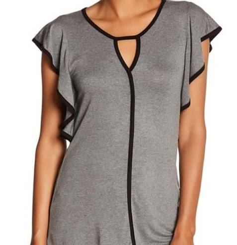 Bobeau  Solid Gray White Keyhole Cutout Short Flutter Sleeve Blouse Top Small SM