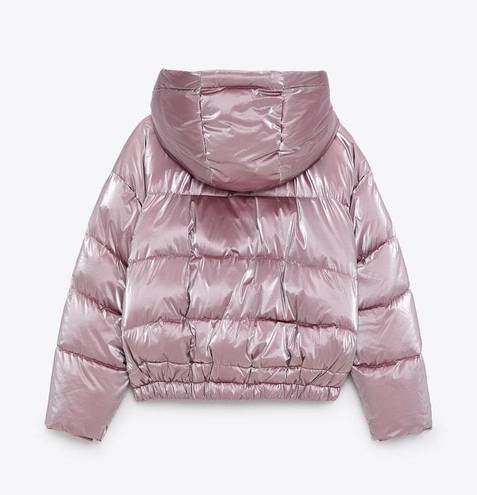 ZARA BLOGGER FAVE Pink Shine Hooded Puffer Jacket