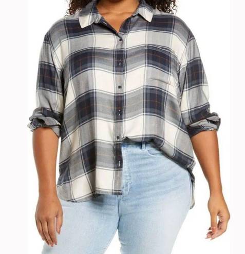 Treasure & Bond  plaid boyfriend shirt ivory navy jade green check NWT XL