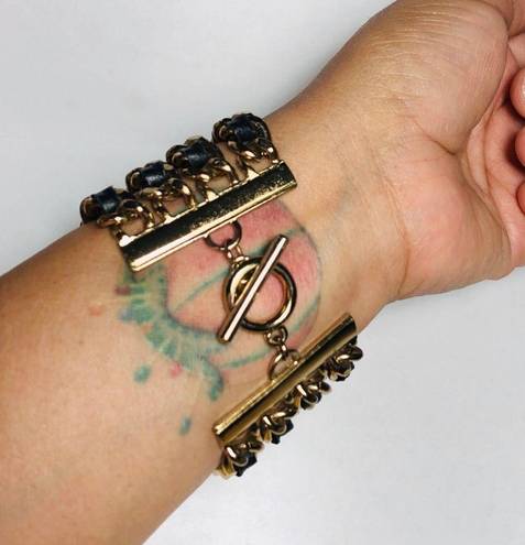 The Row Gold Chain Link Multi Bracelet with Interlaced Black Leather