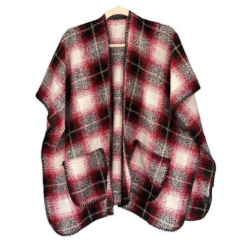 Boutique  Red Black White Tan Plaid Poncho Sweaters One Size