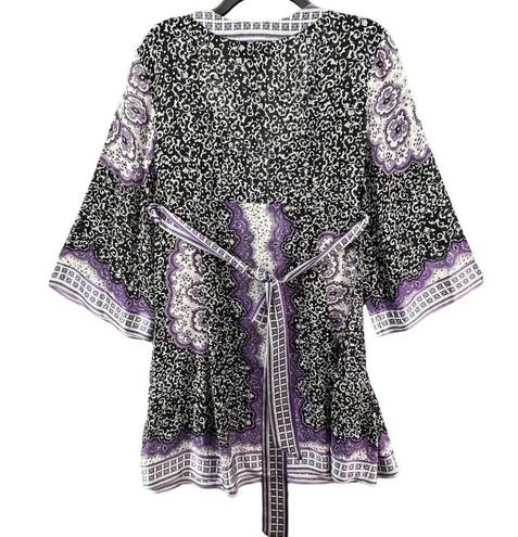 INC  Kimono Dress Womens 14 Purple Black Paisley Silk Chiffon Tie Belt Festival