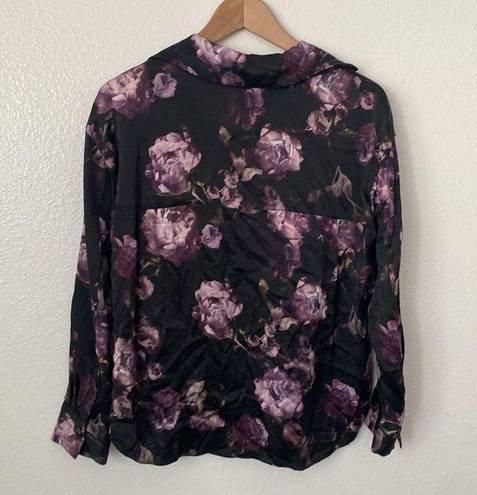  S Vince Silk Floral Long Sleeve Spread Collar Black and Purple Blouse