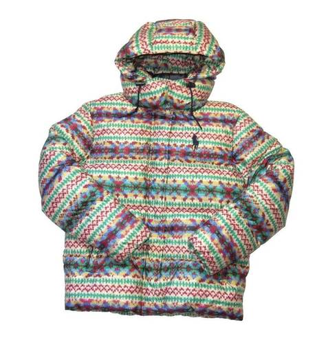 Polo NEW  Ralph Lauren Fair Isle Print Down Coat Removable Hood Puffer Jacket XS