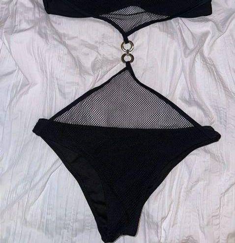 One Piece Black Mesh Cutout  Bikini with Ring Detail