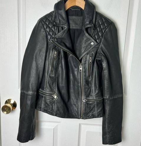 All Saints Black Long Sleeve Quilted Cargo Distressed Leather Biker Jacket 2