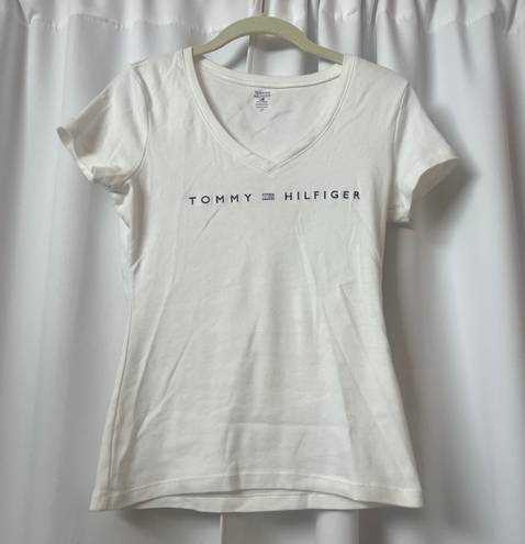 Tommy Hilfiger White Logo V-neck Cotton Short Sleeve T-Shirt Size Small